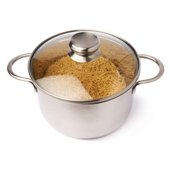 Metal pan with glass lid filled with dry noodles pasta over isolated white background