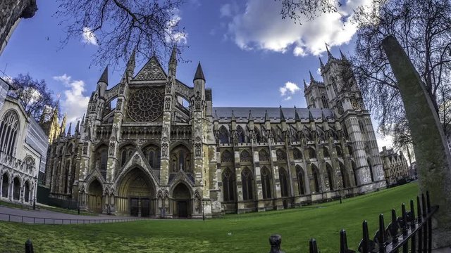 Time lapse fish eye view of the East facade of Westminster Abbey in London