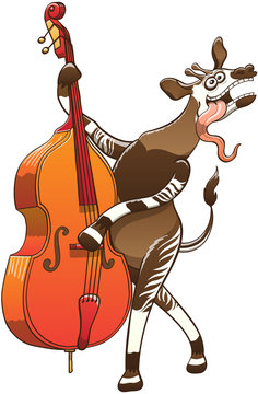 Cool okapi with big ears, antennae and striped legs while having lots of fun by sticking its long tongue out, dancing, posing and playing a double bass with great enthusiasm, talent and a funny mood