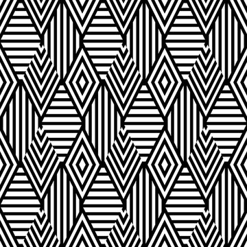 Vector seamless pattern with black and white striped rhombus. Abstract universal background. Trendy design for fashion textile print, wrapping paper, web background, package.