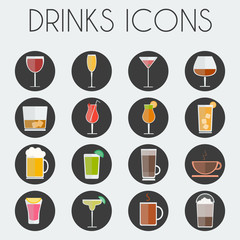 Drinks Cocktail Glasses Round icon Set. Alcoholic and Non Alcoholic Drinks Bar Menu Icons. Wine, Champagne, Whiskey, Tea and Coffee. Digital background colorful vector illustration.