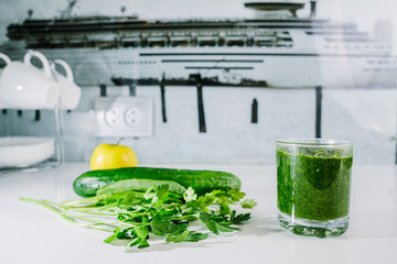 Green vegetable juice organic from natural at on white table