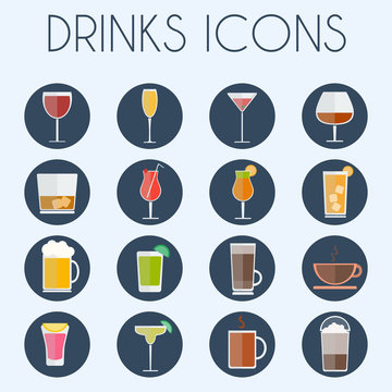 Drinks Cocktail Glasses Round Icon Set. Alcoholic And Non Alcoholic Drinks Bar Menu Icons. Wine, Champagne, Whiskey, Tea And Coffee. Digital Background Colorful Vector Illustration.