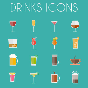 Drinks Cocktail Glasses Round Icon Set. Alcoholic And Non Alcoholic Drinks Bar Menu Icons. Wine, Champagne, Whiskey, Tea And Coffee. Digital Background Colorful Vector Illustration.