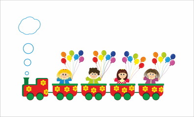 children in train with colorful rainbow baloons