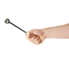 Hand holding a socket wrench tool, composition isolated over the white background