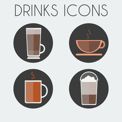 Hot Drinks Cups Round icon Set. Tea Cup, Coffee With Steam, Latte Macchiato in Plastic Glass with Lid. Digital background vector illustration.