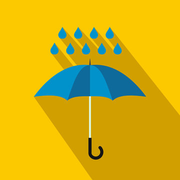 Blue Umbrella And Rain Drops Icon, Flat Style