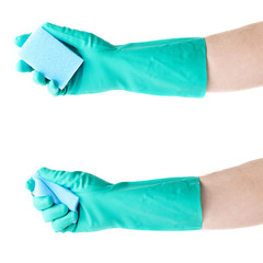 Set of hands in rubber latex glove holding kitchen sponge over white isolated background