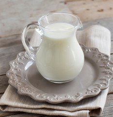 Milk in a jar on a wooden table