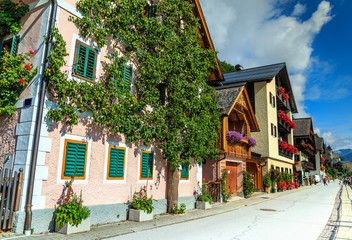 Traditional alpine village street with colorful flowers,Austria,Europe
