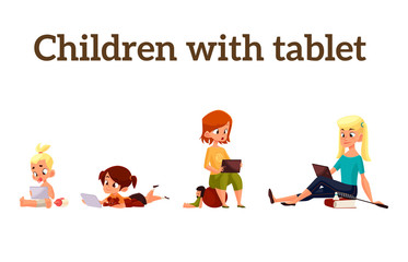 Children girls of different ages played in tablet and did not play in street, vector cartoon concept of todays children, the children sit and chat on the Internet, four girls looking at smartphone