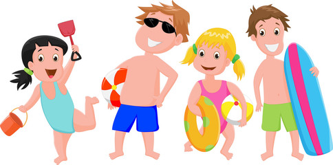 illustration of happy kids with toy beach 