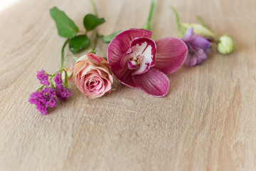 flowers pink water drops on a light wooden background