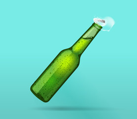 Beer bottle opening lemonade fizzy vector foam soda blank cold, poster wet larger ale mockup, bubbles, steam smoke, mineral water effect drops, fresh realistic 3d vector illustration design