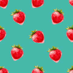 Watercolor seamless pattern with strawberries on turquoise background . Hand drawn design. Vector summer fruit illustration.