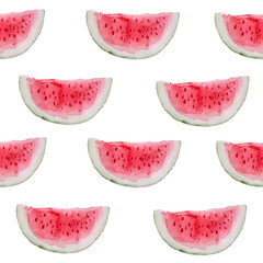 Watercolor seamless pattern of watermelon slices. Vector illustration of summer fruits. Eco food illustration