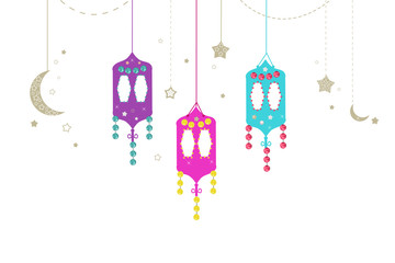 Ramadan Kareem with colorful Lamps, Crescents and Stars. Traditional lantern of Ramadan vector...