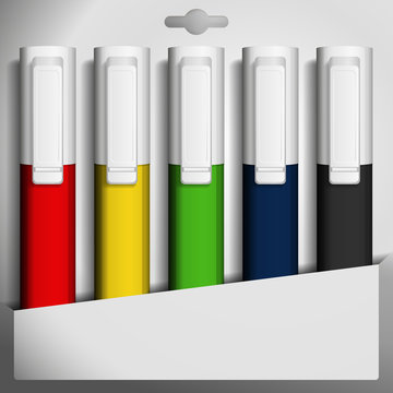 Vector illustration of five colored felt pens in a box.