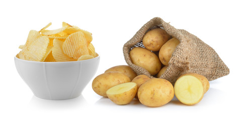  potato chips and potato in the sack isolated on white backgroun