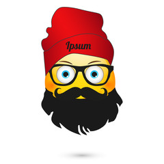  Emoticon wearing red hat and glasses.Emoticon with beard.  Isolated vector illustration on white background