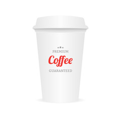 Vector coffee cup to go template. Design elements for coffee shops - cardboard cup with emblem and logo in trendy style.