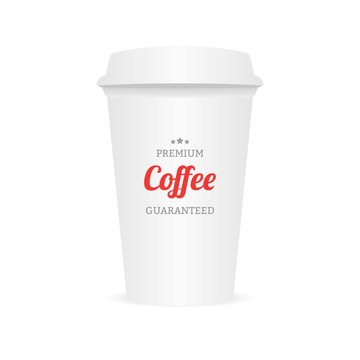 Vector coffee cup to go template. Design elements for coffee shops - cardboard cup with emblem and logo in trendy style.