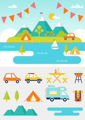 Camping and Outdoor Activities Summer Scene and Elements