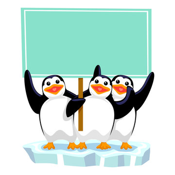 Vector Illustration of three penguins holding blank Signage