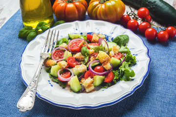 Panzanella on an elegant plate.