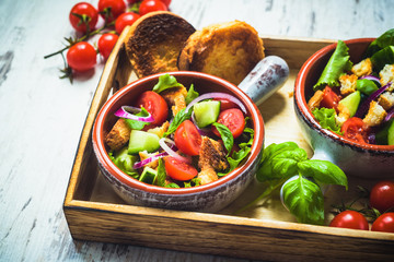 Vegetarian dish on a wooden table, a typical Tuscan dish, panzan