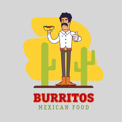 Modern mexican is holding the national fast food - spicy burrito. Illustration of a Mexican with mustache.  Man shows thumb up. Graphic elements for restaurant or cafe.