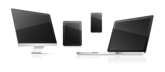 Technological communication devices on a white background. Computer, tablet, smart phone and laptop.
