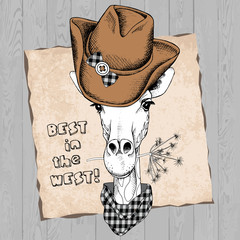 Image with a portrait of a giraffe in a cowboy hat and cravat. Vector illustration.