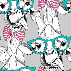 Naklejka premium Seamless pattern with giraffes in the glasses and with bow. Vector illustration.