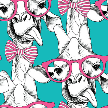 Seamless pattern with giraffes in the glasses and with bow. Vector illustration.