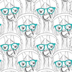 Seamless pattern with giraffes in the glasses and with headphones. Vector illustration.