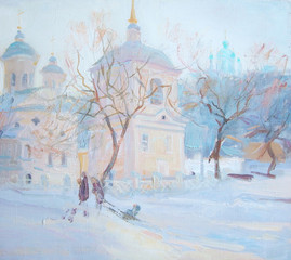 drawing oil, landscape, winter city