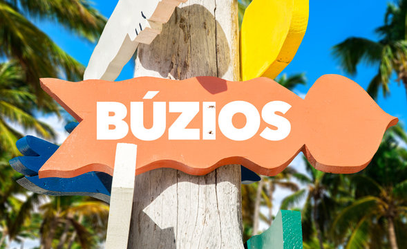 Buzios signpost with palm trees