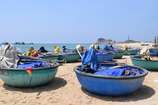 lots of basket boats in Vietnam fishing village