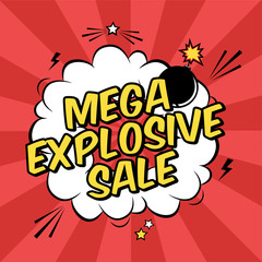 Vector colorful pop art illustration with mega explosive sale discount promotion. Decorative template with cloud and bomb explosion in modern comics style.