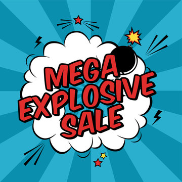 Vector colorful pop art illustration with mega explosive sale discount promotion. Decorative template with cloud and bomb explosion in modern comics style.