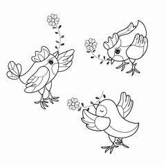 Hand drawn doodle outline sparrow set.Vector zentangle illustration.Floral ornament.Sketch for tattoo or coloring pages.Boho style.