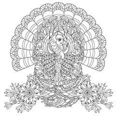Hand drawn doodle outline turkey decorated with ornaments on nest.Vector zentangle illustration.Floral ornament.Sketch for tattoo or adult coloring pages.Boho style.