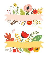 Flowers and leaves, floral elements, ribbon with place for your text.