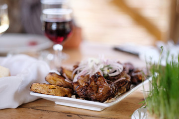 Kebab with glass of wine