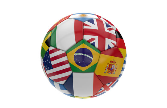 Soccer ball with many flags; 3d rendering