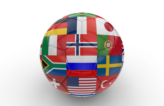 Soccer ball with many flags; 3d rendering