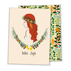 card with girl, wreath boho style