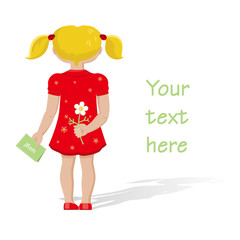 Greeting Card for Mother's Day depicting a little girl standing in the back, with a flower.